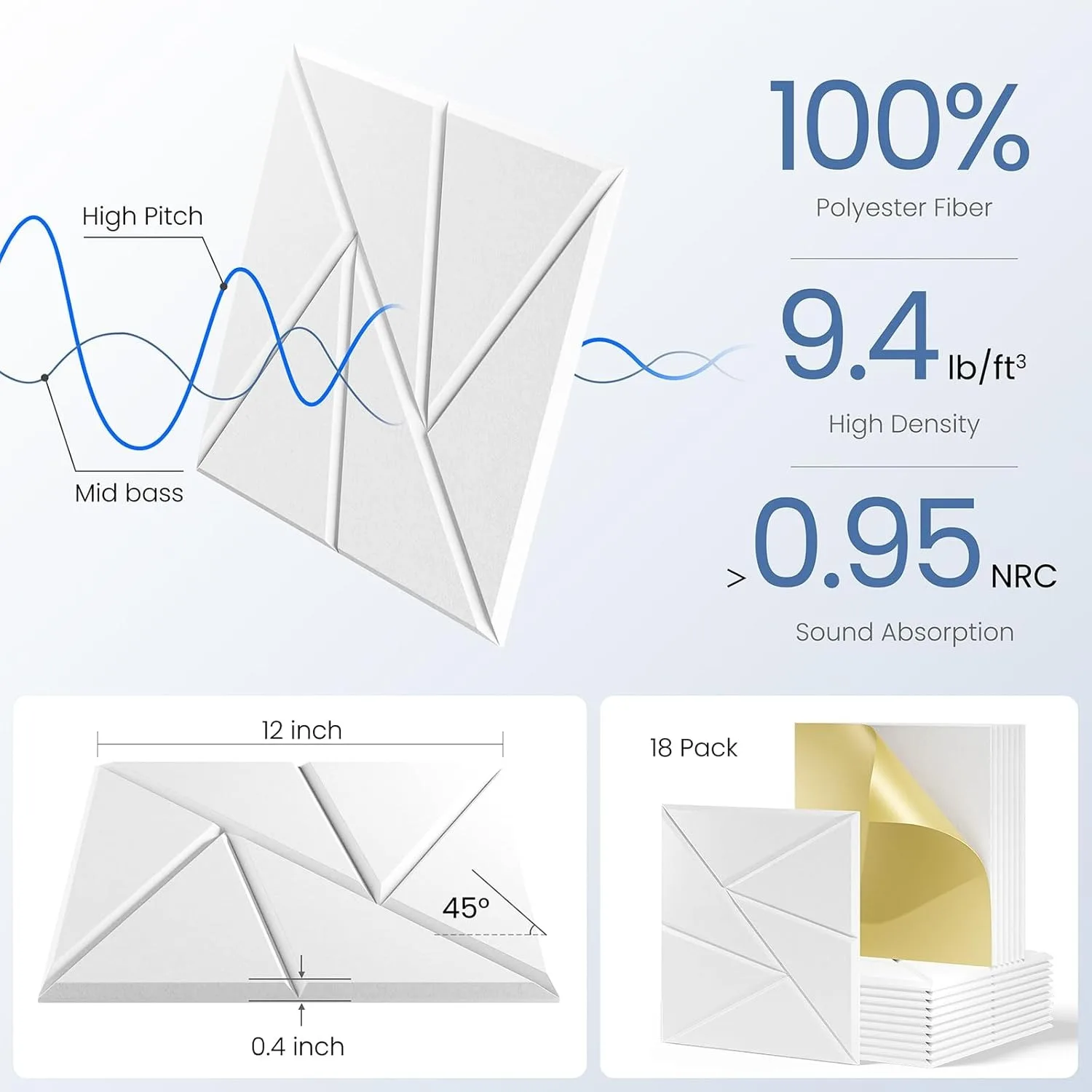 แผงอะคูสติก 18 แพ็คพร้อมกาวในตัว 12 "X 12" X 0.4 "แผงโฟมกันเสียงแผงเสียงความหนาแน่นสูง