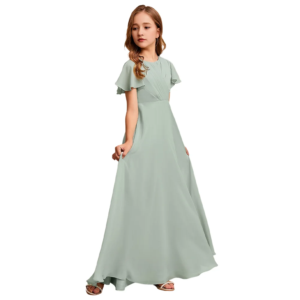 

A Line Junior Bridesmaid Dress Flower Girl Dress Chiffon Scoop Neck Floor Length For Girls Special Occasion Event