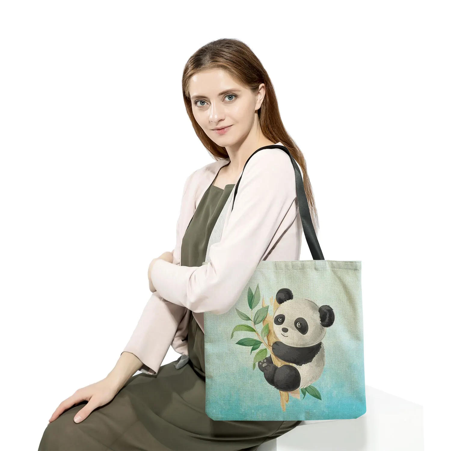 Chinese Style Panda Print Lady Tote Bag Outdoor Eco-Friendly Women'S Shoulder Bag Large Capacity Shopper Bag School Teacher Gift