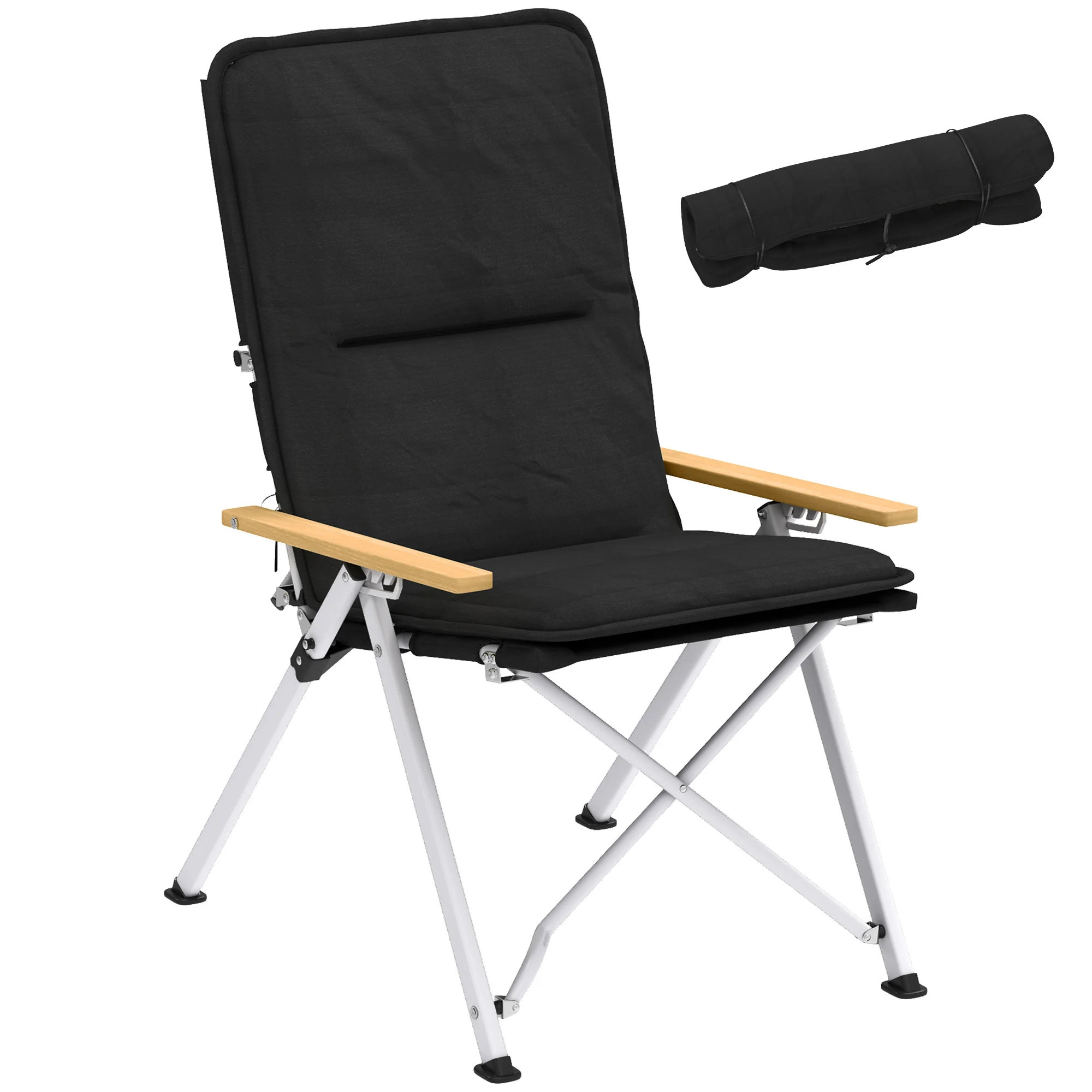 Chaise de camping pliable réglable à dossier haut et rembourrée, chaise d'extérieur inclinable avec accoudoirs en bois, chaise portable robuste pour le camping, la terrasse et les activités sportives en plein air