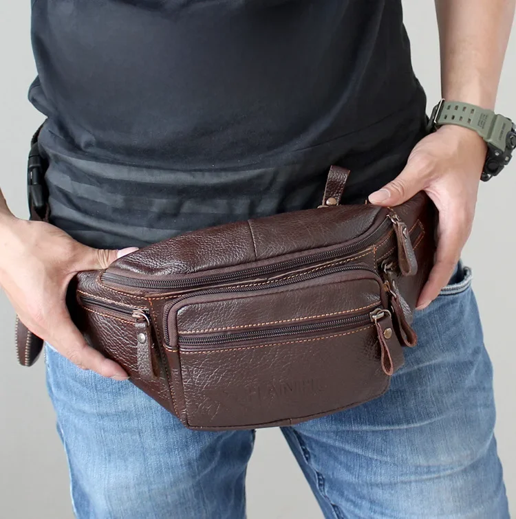 AliExpress weixier Genuine Cowhide Leather Waist Bag Men Funny Pack Belt bag Phone Pouch Multiple Pocket Hiking Running And Cycling bags fanny pack