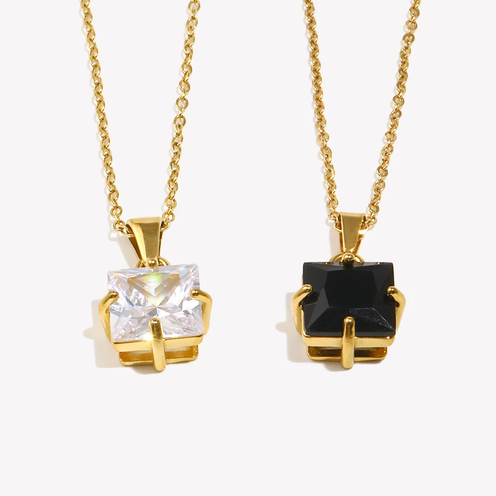 

E.B.belle Minimal AAA Clear Black CZ Square Pendant Necklaces For Women Stainless Steel 18K Gold Female Jewelry Crystal Necklace