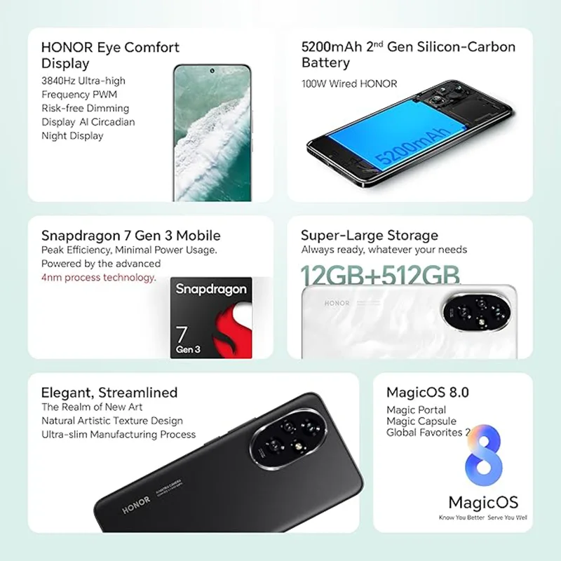 오리지널 밀폐형 HONOR 200, 스냅드래곤 7, 3 세대, 5G 스마트폰, 6.7 인치 AMOLED 디스플레이, 듀얼 OIS, 50MP HONOR, 100W 슈퍼차지 안드로이드