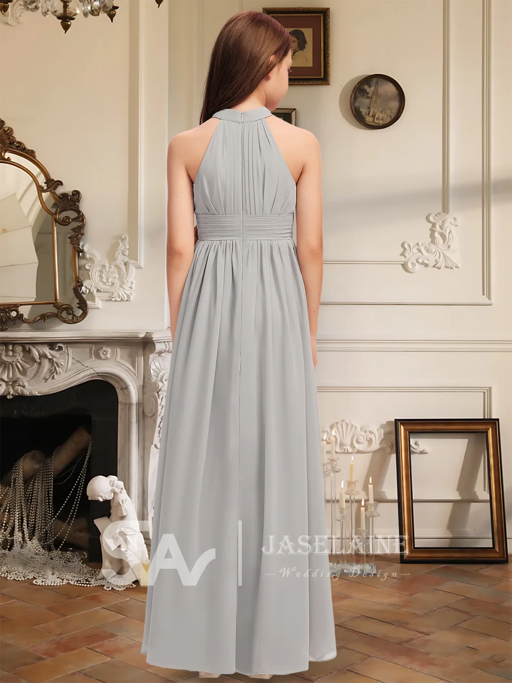 エレガントな A ライン ホルター マキシレングス シフォン ジュニア ブライズメイド ドレス プリーツ フラワー ガール ドレス 女の子 パーティー 結婚式 フォーマル
