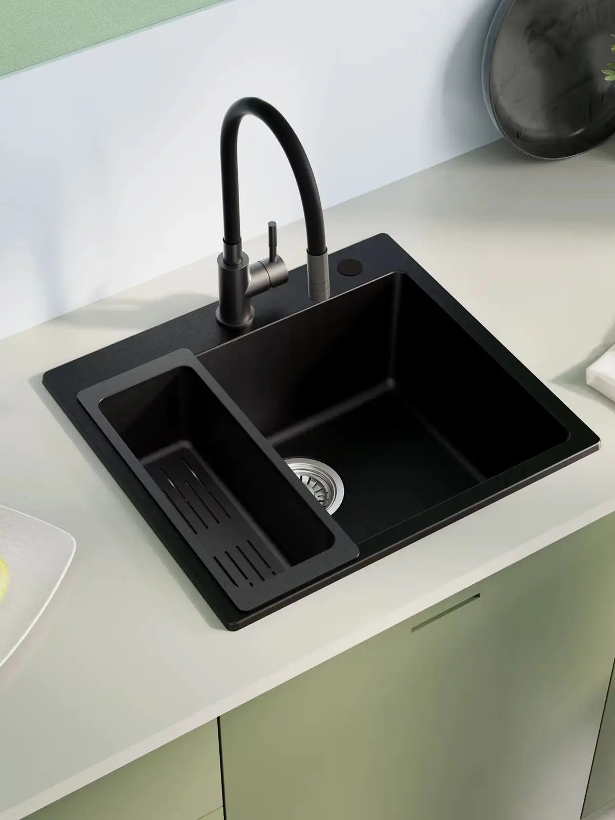 50 x 45 cm Küchenspüle Schwarz Quarzkomposit Steinspüle Einbauspüle mit Abtropfkorb Platzsparend Hitzebeständig Steinstruktur Spülbecken für Kleine Küche und Wohnmobil mit Siphon Set