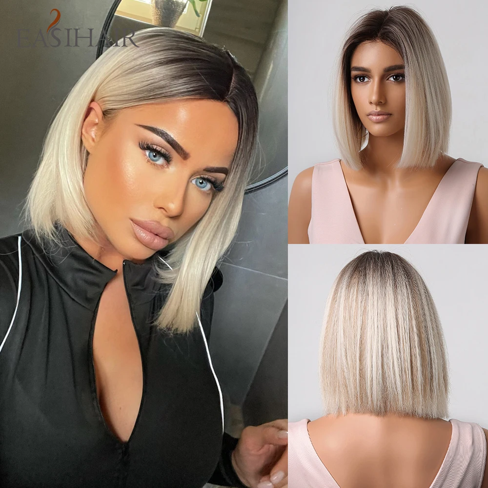 Short Straight Bob Wigs Ash Blonde Ombre Natural Hair Dark Root Synthetic Wigs Middle Part for Women Heat Resistant Cosplay Wigs