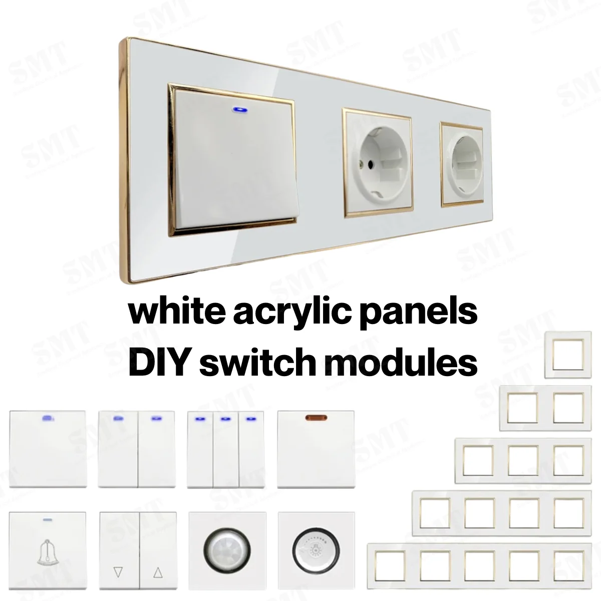 3 Gang White Acrylic Panel Wall Switch Socket With Gold Border EU French 1 Gang Switch Double Socket Free Combination DIY Switch