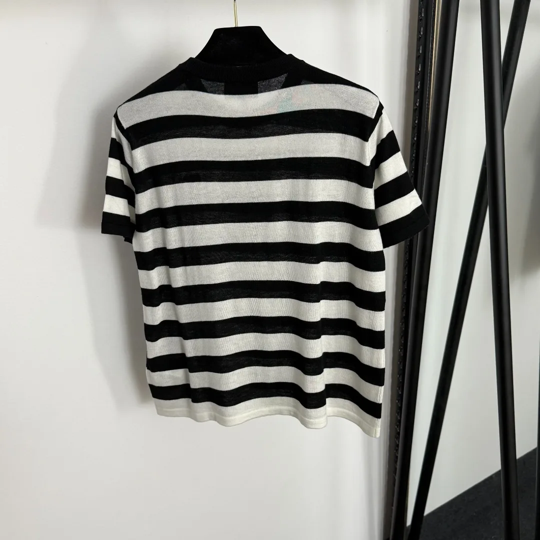 

2025 New Summer/Autumn Style Women's Wool Short-Sleeved Striped Knitted T-Shirt