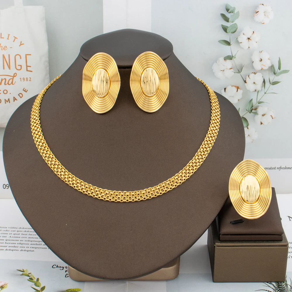 Trend Gold Color Jewelry Set for Women Clip Earrings Italy Elegant Chain Ring African Dubai Classic Bride Party Jewelry Gift