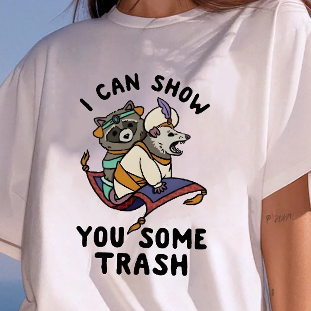 I Can Show You Some Trash Graphic Cotton T-shirt Funny Cartoon Raccoon Opossum Top Tee Casual Crew Neck Shirt For Wemen Men Kids