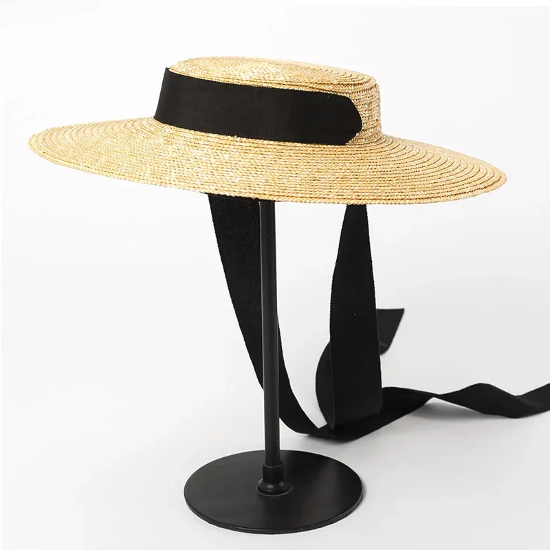 Szerokie rondo Kapelusz 10cm 15cm Słomkowy kapelusz Płaski damski letni kapelusz Kentucky Derby Biały czarny wstążka Krawat Kapelusz przeciwsłoneczny Czapka plażowa — zdjęcie 2