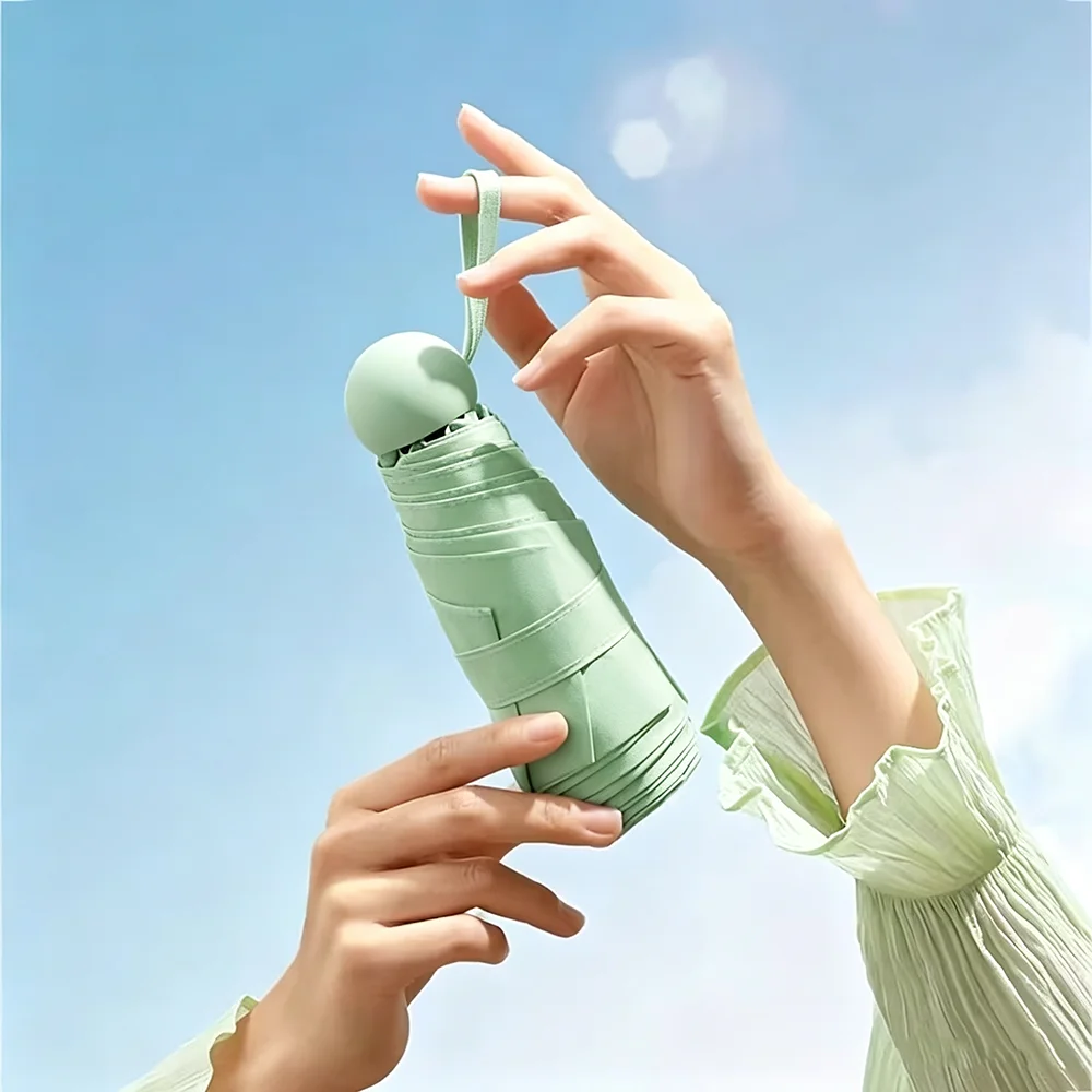 Automatic 5-Fold Mini Capsule Pocket Umbrella 8 Reinforced Iron Ribs Windproof One Button Auto Open Close 50% UV Black PVC Coating Sun Rain Dual Use Portable Travel Parasol Sky Blue Mint Green Baby Pink