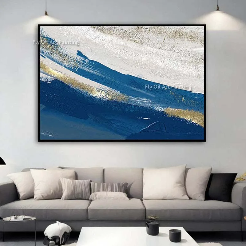 White And Blue Marble Texture Thick Oil Painting Hand Painted Gold Minimalist Abstract Canvas Wall Art For Home Office Decor