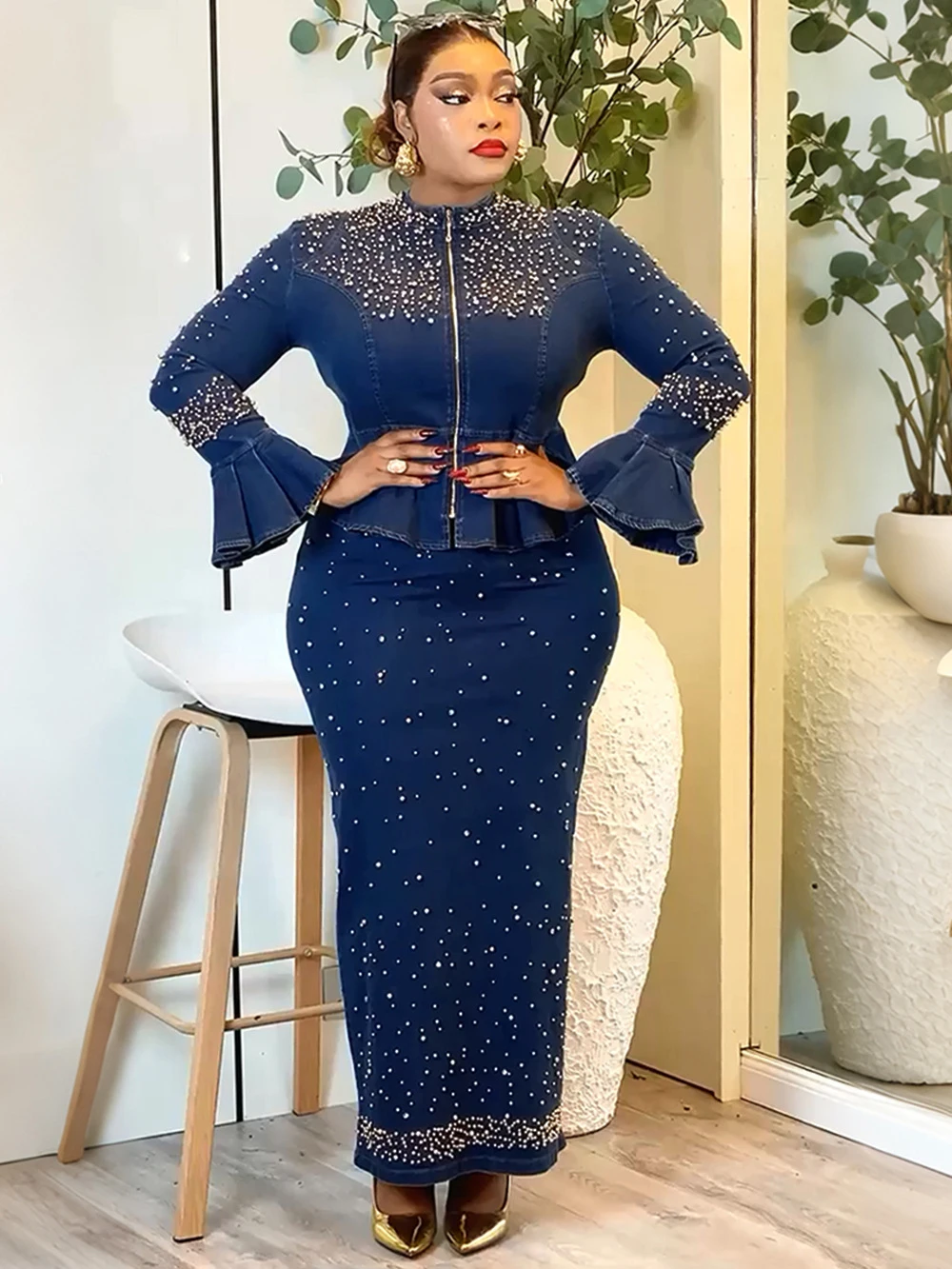 

Luxury Crystal Dresses For Women Elegant 2 Piece Set Denim Outfit Peplum Top And Bodycon Maxi Skirt Suit African Dashiki Clothes