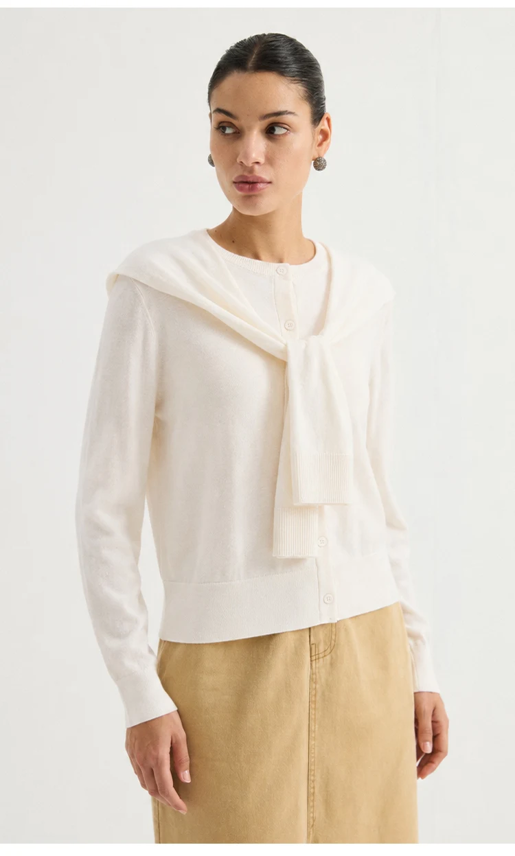 MZ62030 Damen-Strickjacke aus Kaschmir-Modal-Mischung, Langarm, Rundhalsausschnitt, Knopfverschluss, mit abnehmbarem, drapiertem Schultertuch – Detail 10
