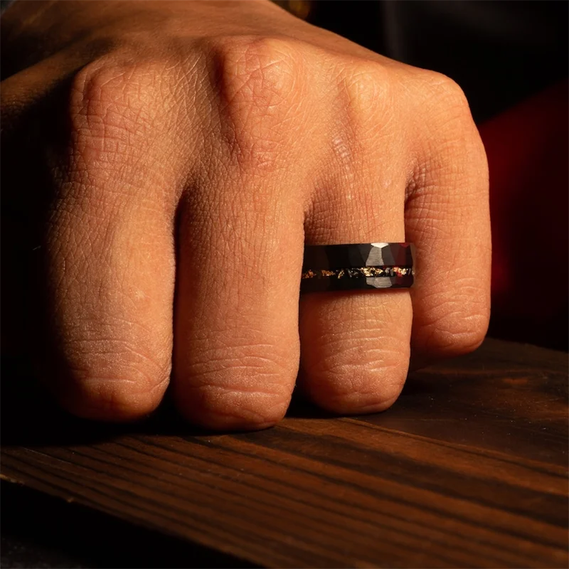 

8MM black tungsten carbide band, men's wedding ring, hand-hammered, inlaid with golden foil, luxury jewelry, anniversary gift