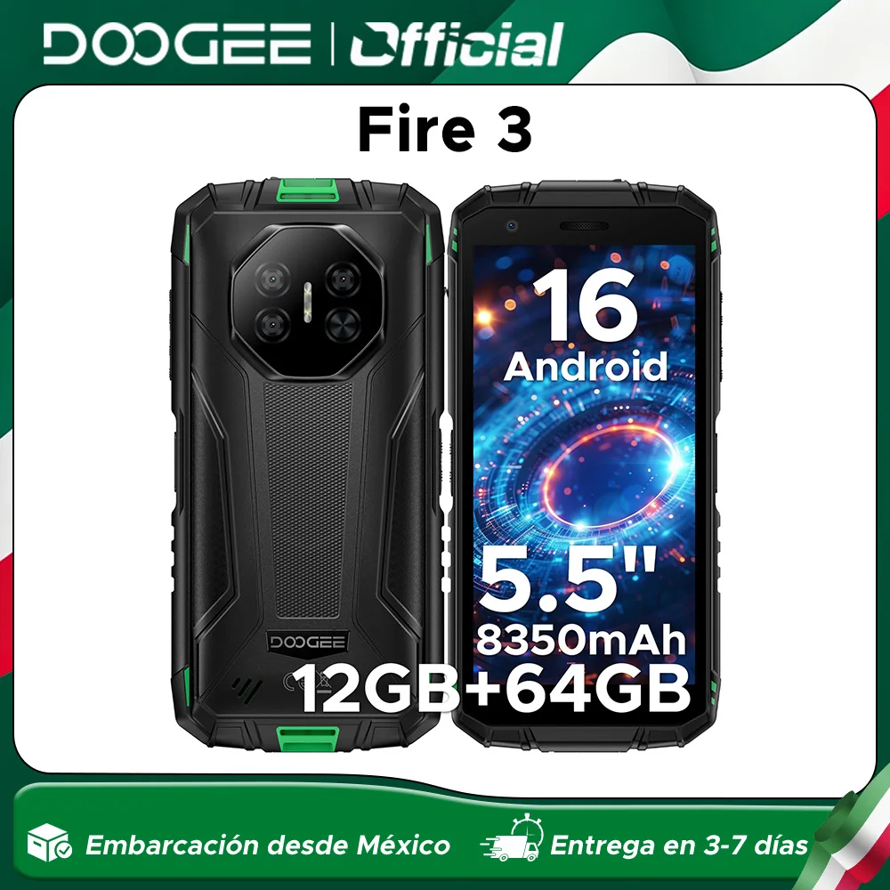 Teléfono Resistente DOOGEE Fire 3 con Pantalla de 5.5'', Batería de 8350mAh, 12GB de RAM (3GB+9GB), 64GB de ROM, Android 15, Compatible con Widevine L1