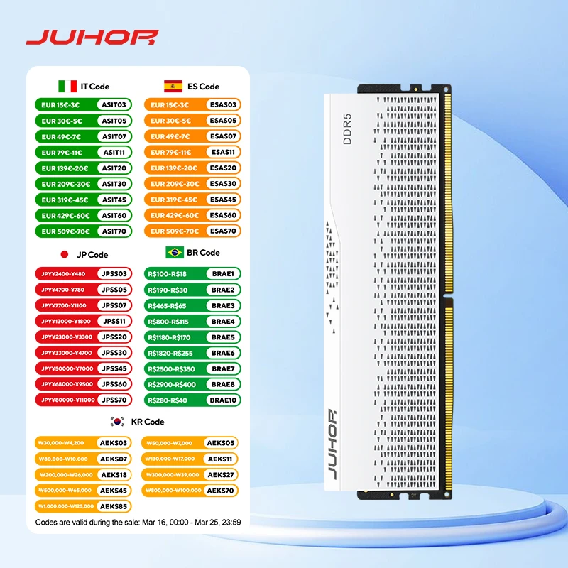 

JUHOR DDR5 16GB 4800MHz 5600MHz 6000MHz RAM UDIMM for Computer PC Desktop Memory Ram DDR5