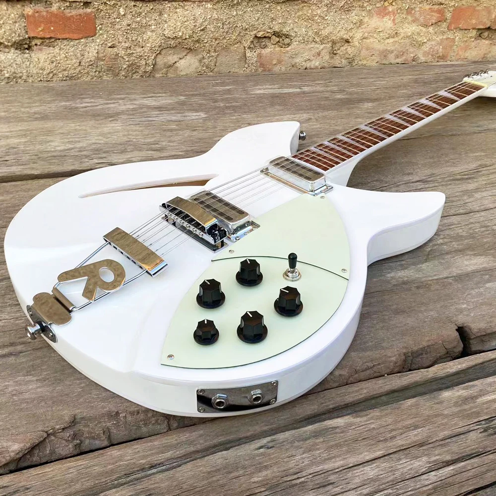 12 String Semi Hollow Body Electric Guitar, Mint Green Pickguard, White Color 360 Guitarra, Double Output Jacks, Free Shipping