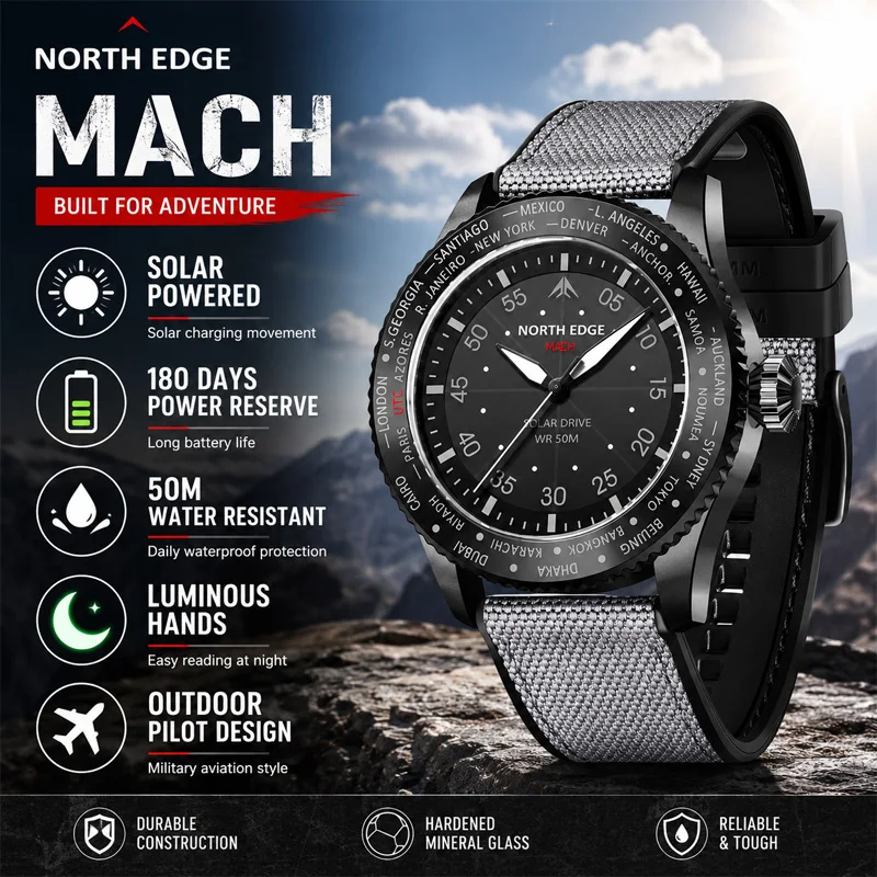 NORTH EDGE Solar Powered Quartz Watch Men MACH Sports Pilot Watches Luminous 50M Waterproof Watches for Man Relogios Masculino