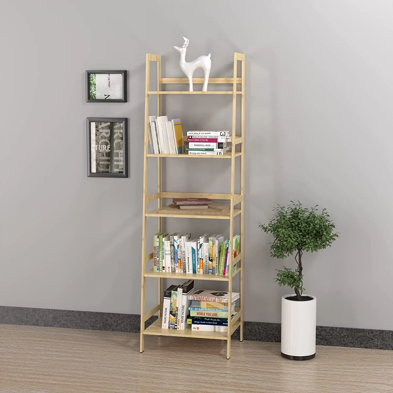 Bookshelf Ladder Shelf 5 Tier Bamboo Bookcase Rustic Open Book Case for Bedroom Living Room Office Natural/Black[US-Stock]