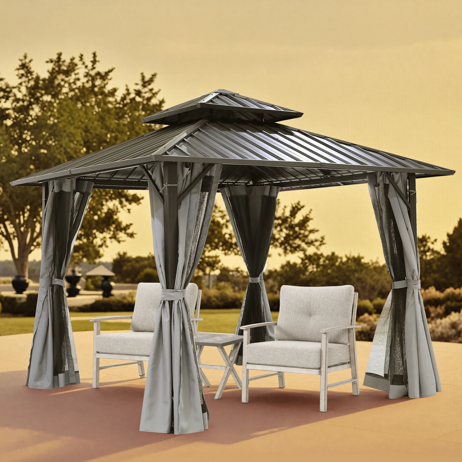 

SeeHill 12' x 12' Aluminum Frame Hardtop Gazebo, Outdoor Patio Pergola with Curtains, Netting, and Double Metal Roofs