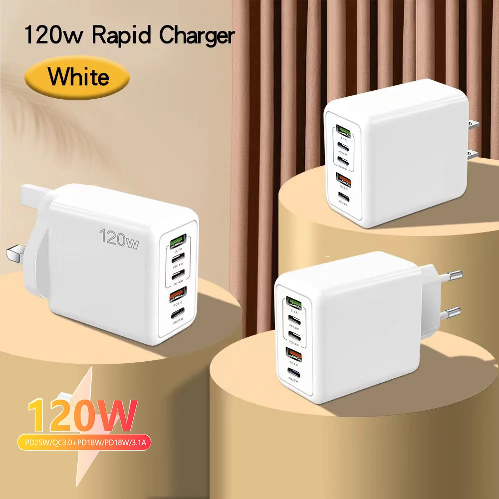 

120w Charger 5 Port USB + PD Fast Charging Mobile Travel Adapter For iPhone Huawei Xiaomi Redmi Oneplus Samsung Realme Cellphone