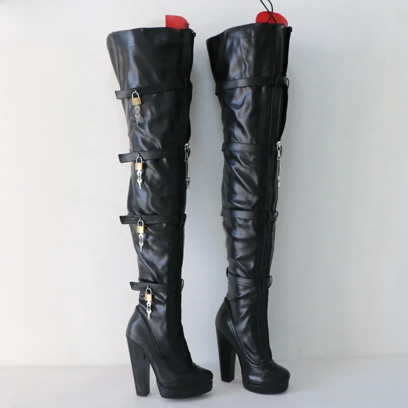 Sorbern Schwarze lange Stiefel für Damen mit Schlössern, rote Zungenblock-High-Heels, abschließbare Reißverschlüsse, Plattform, runde Zehenschuhe, individuelle weite Beine