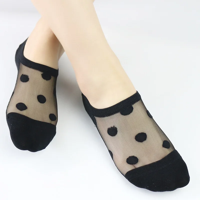 DONG AI 1 Pairs Dot Invisible Socks Thin Crystal Glass Silk No Show Socks Knit Low Transparent Short Summer Socks