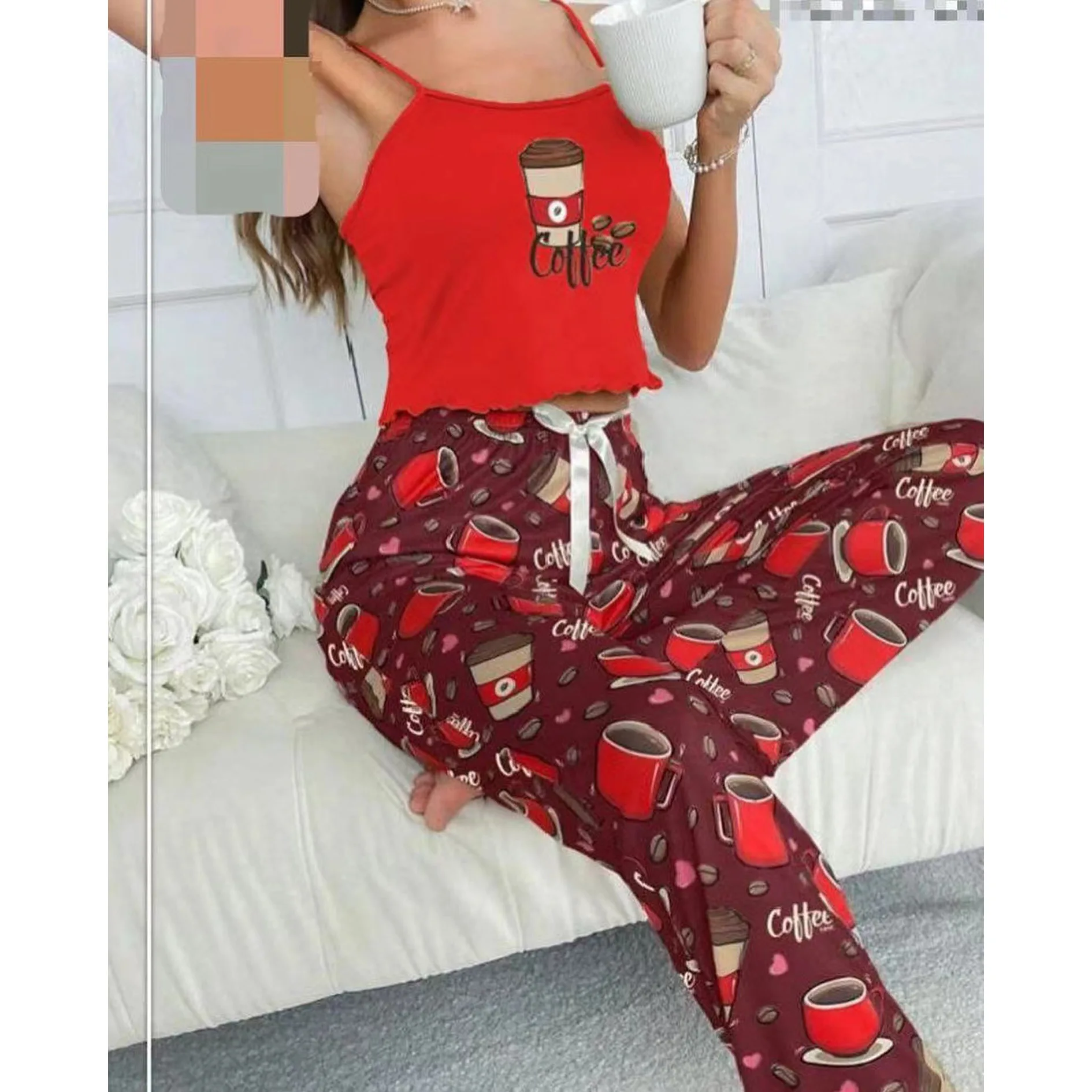 Women\'s Pajamas Printed Suspenders Twisted Hem Long Pants Two-Piece Set Comfortable Home Casual Sexy Home Clothes