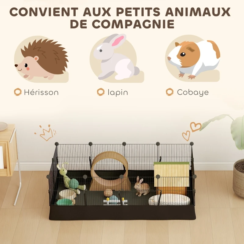 Enclos pour petits animaux, cage à lapin modulable 12 panneaux avec tapis étanche, en acier, 120 x 60 x 40 cm, noir