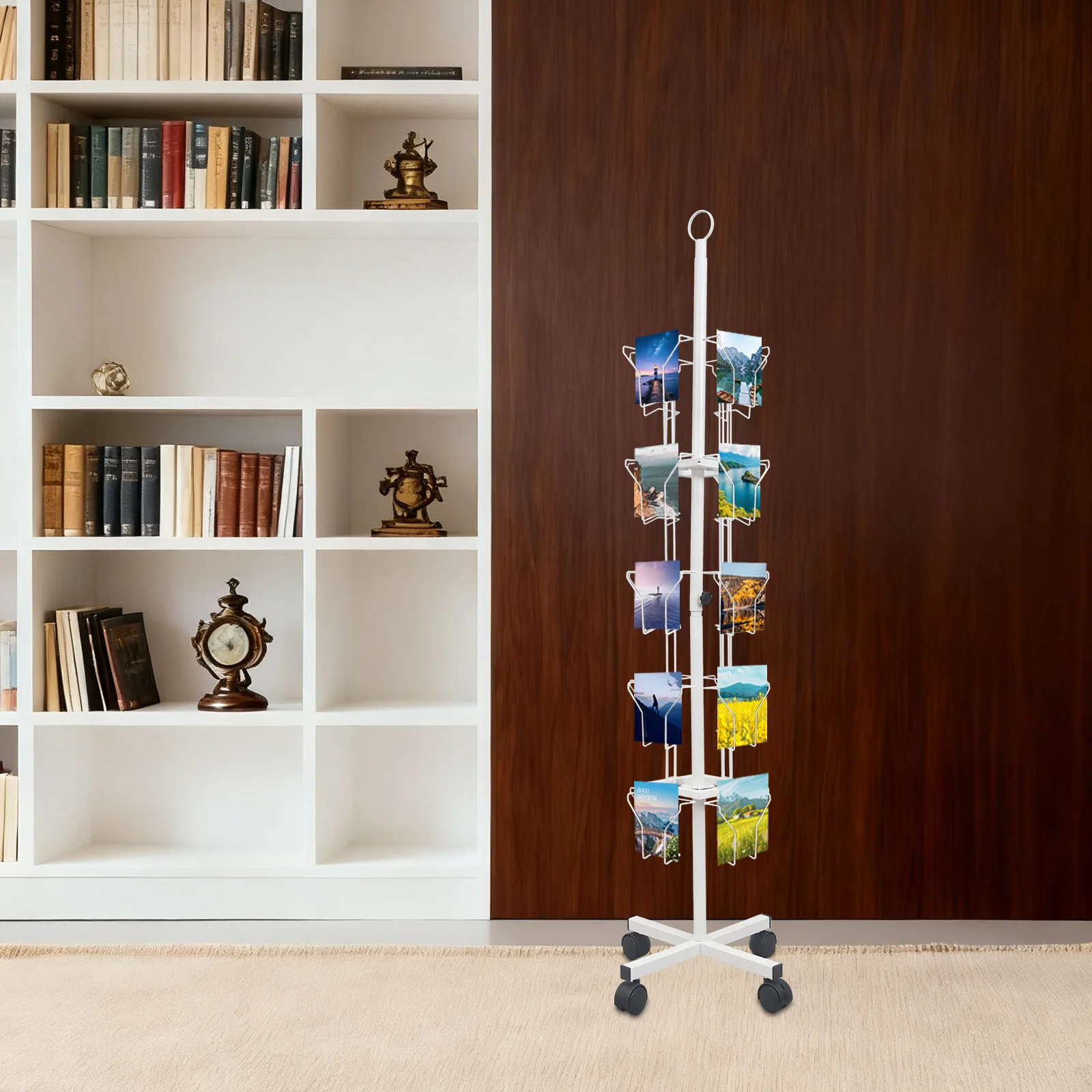 

5 Tiers Rotating Greeting Card Rack, Space Saving, X-shaped Base, 20 Pockets Spinning Display Stand W/ Wheels For Parties