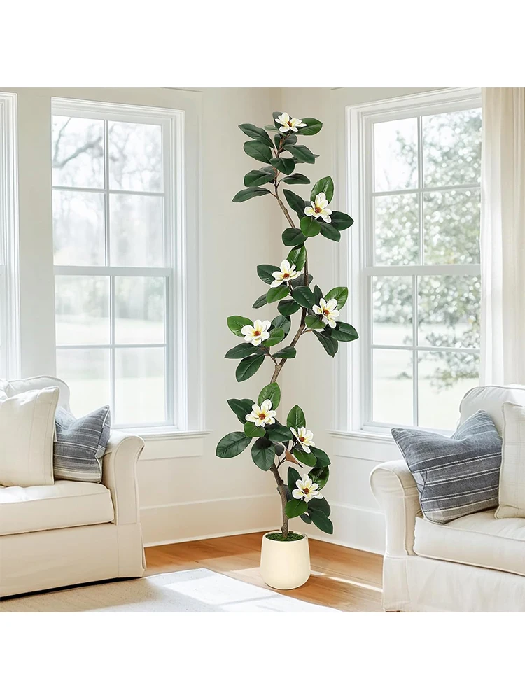 Künstlicher Baum mit weißem Blumentopf, S-förmige künstliche Pflanzen, Zimmermagnolie mit künstlichen grünen Blättern und Blüten für die Dekoration von Wohnräumen, geeignet für Wohnzimmer, Flure und