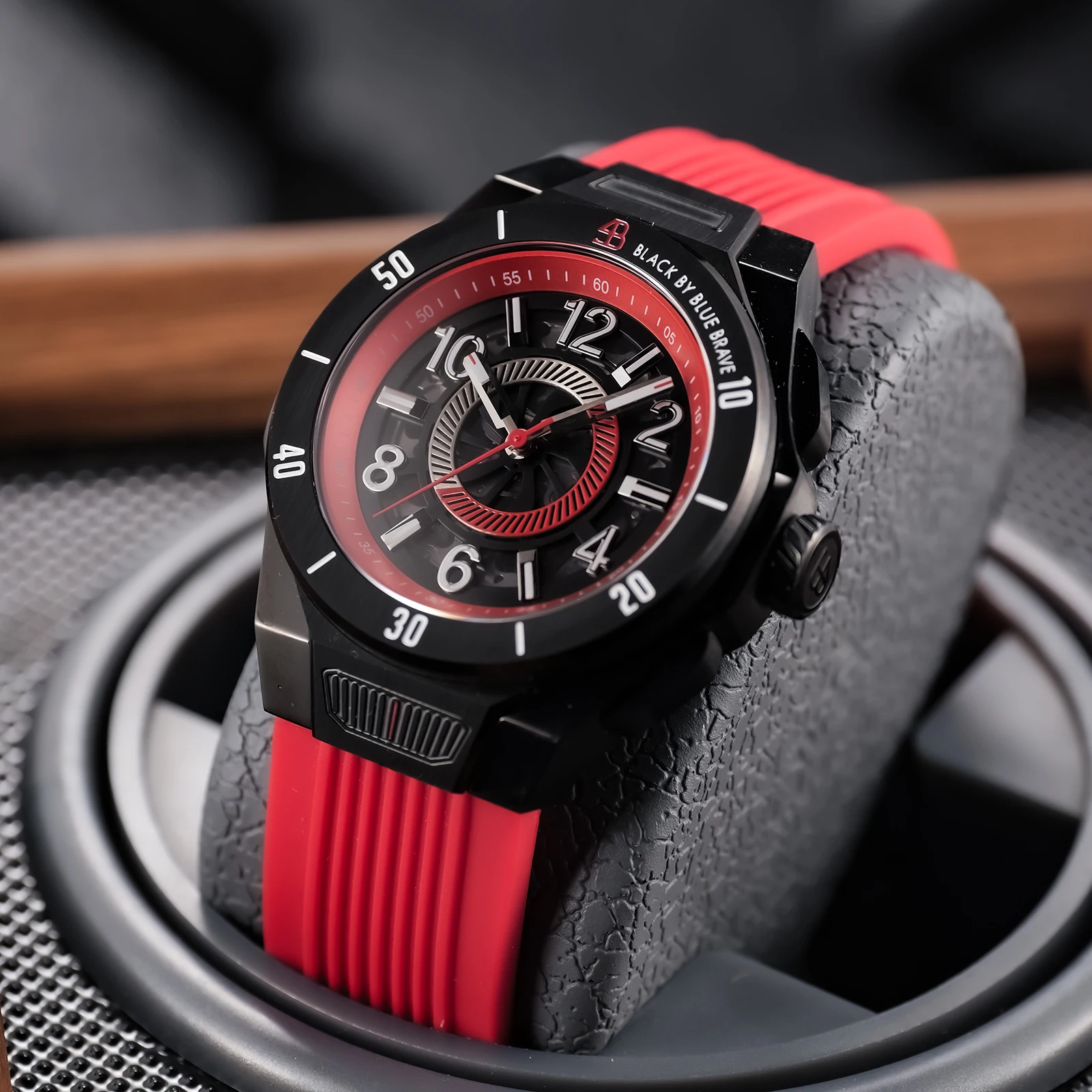 OBLVLO Brand Mens Black PVD Skeleton Analog Automatic Watches Fashion Red Rubber Band Waterproof Mechanical Sport Watch CAM-4B