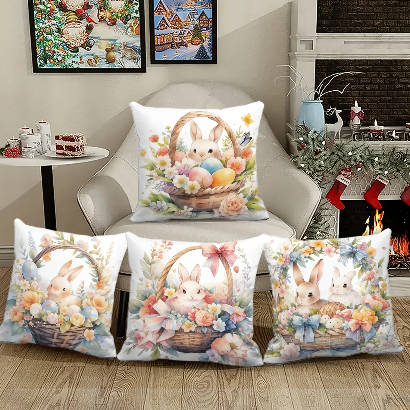 

1-pack Easter pillow with basket flowers bunny bow suitable for holiday party home bedroom living room car sofa decoration