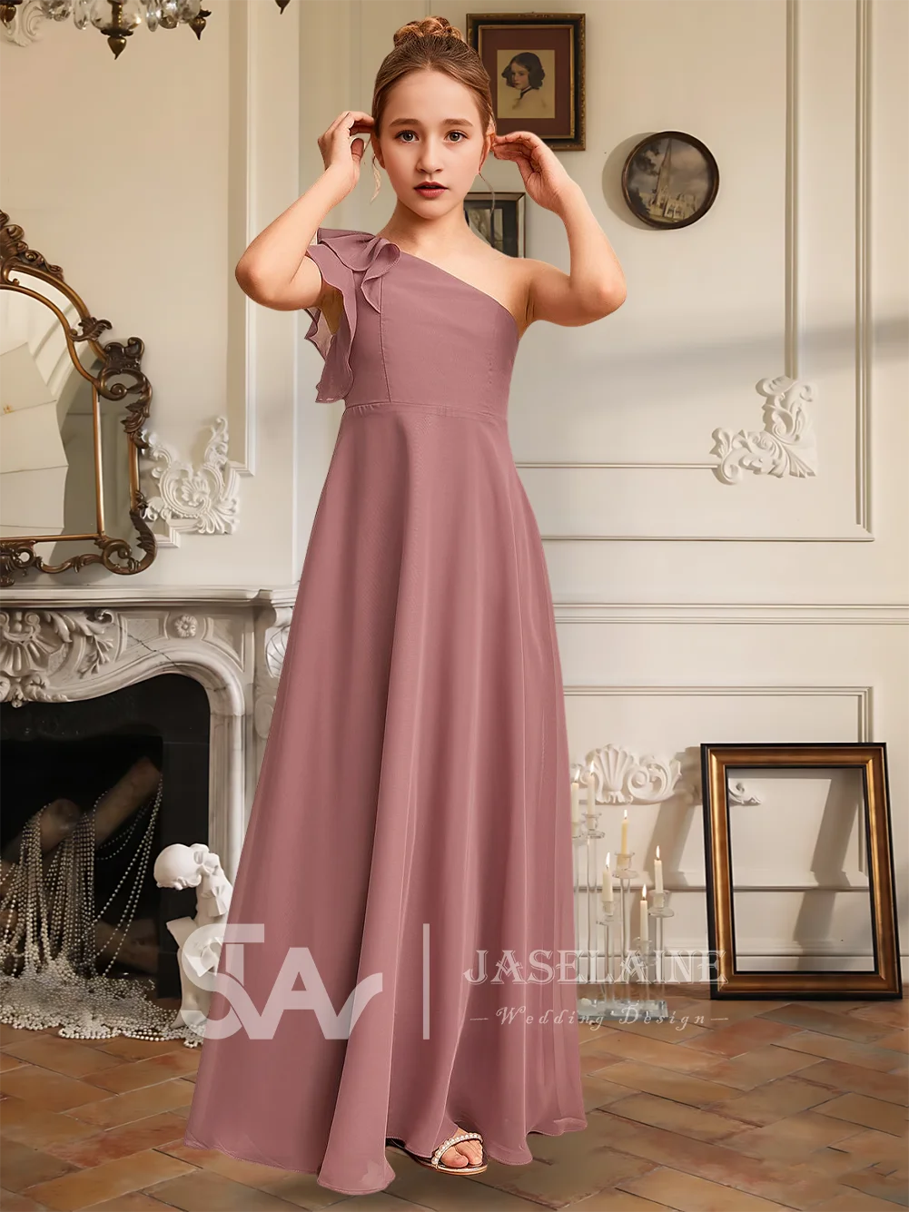

A Elegant A-Line One Shoulder Floor-Length Chiffon Junior Bridesmaid Dress Ruffle Detail Flower Girl Dress Party Wedding Formal