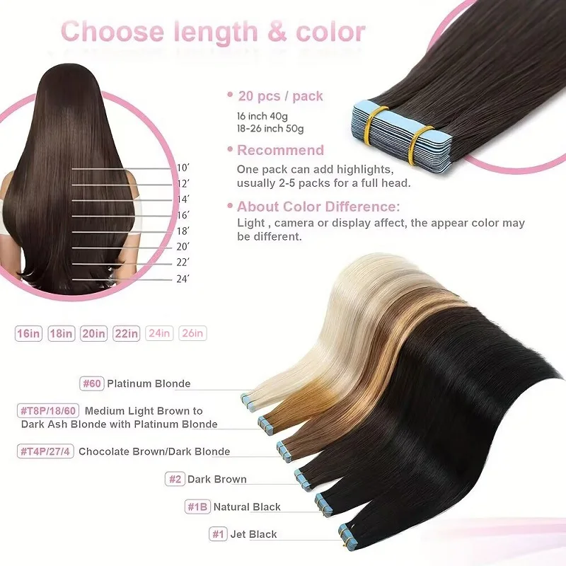 Alimice 24 inch Human Hair Extensions Tape in Hair Natural Black Balayage PU Skin Weft 100% Real Virgin Human Hair Color #2