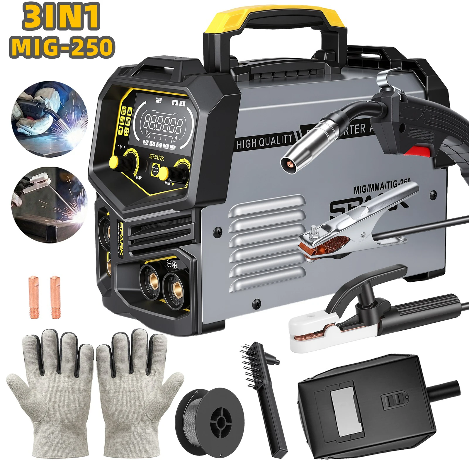 Soudeuse 3 en 1 sans gaz MIG MMA Lift TIG 220V, 20-250A, machine à souder à l'onduleur IGBT avec affichage numérique LED, soudeuse portable à fil fourré