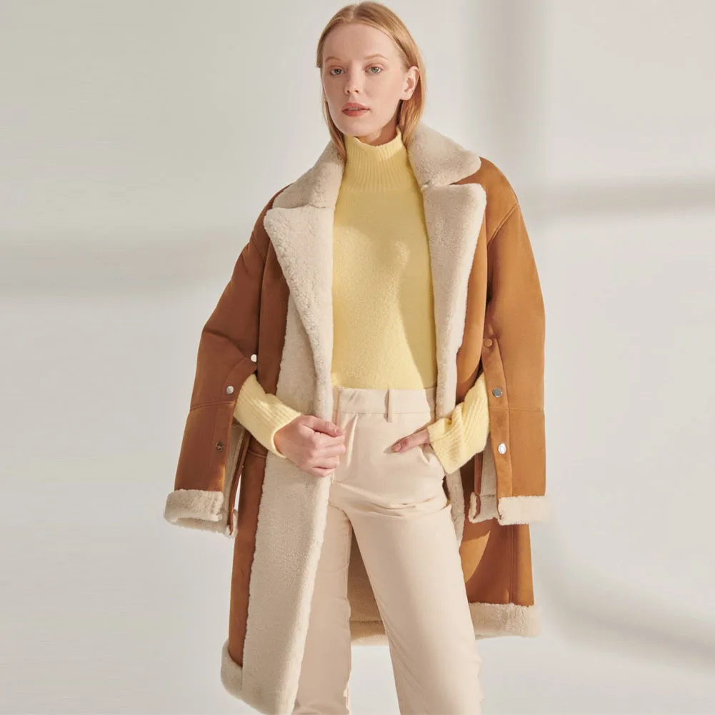 Denny&Dora Winter Women Overcoat Casual Leather Coat Yellow Shearling Jacket Elegant Long Coat Women