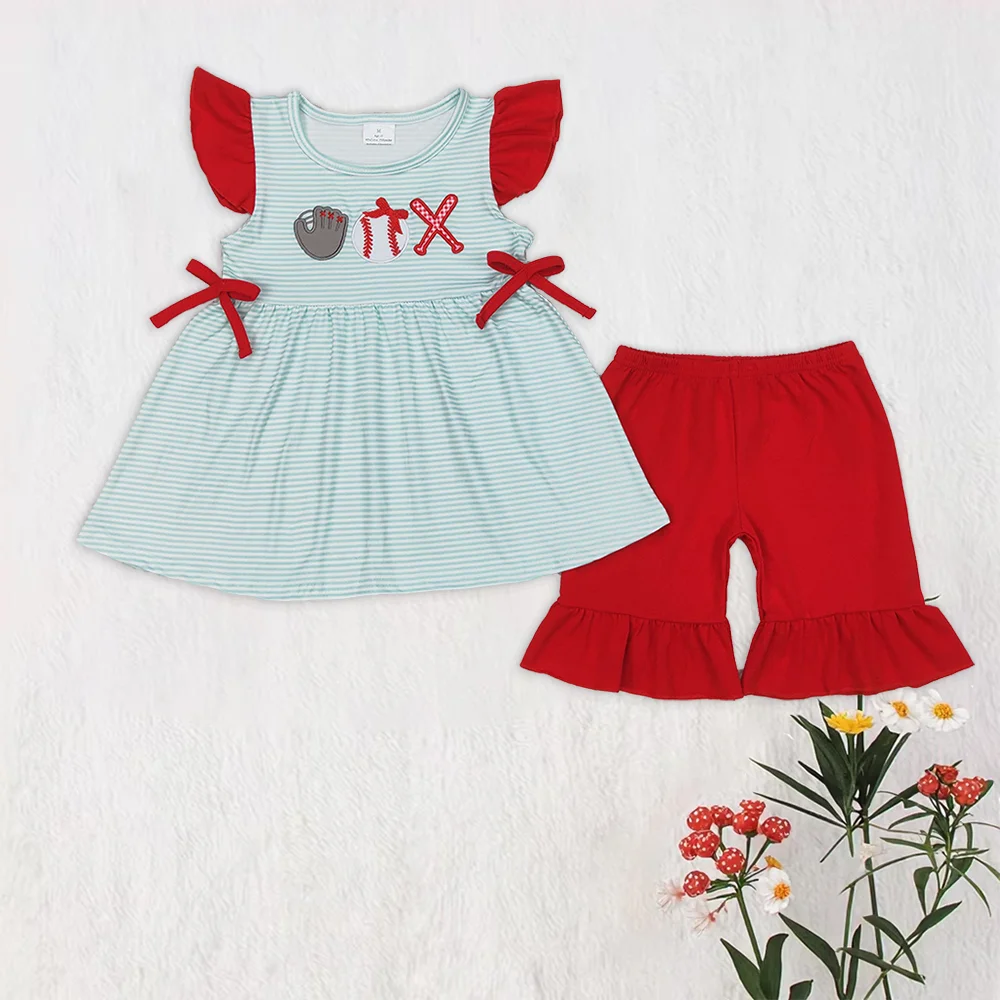 

Wholesale Baby Girl Toddler Embroidery Short Sleeves Baseball Bows Tunic Children Kids Set Ruffle Red Shorts Clothes Outfit