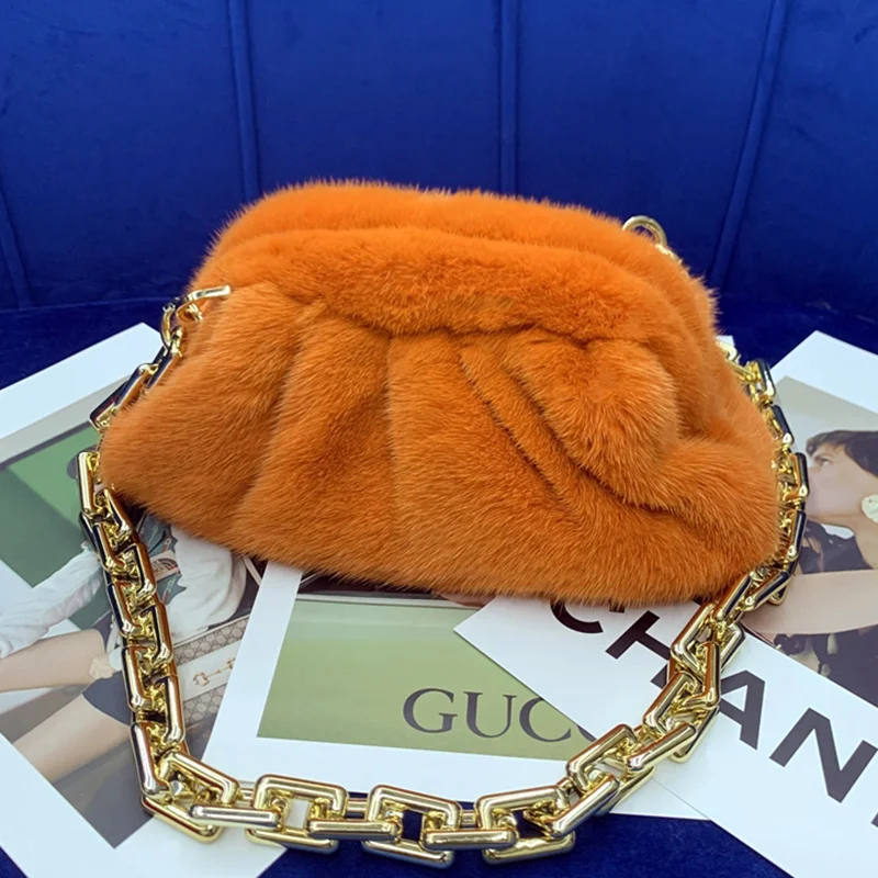 100% Real Fur Mink Bag Cloud Bag Women Designer Luxury Fur Bags For Women Clutch Bag Cloud Dumpling Bag