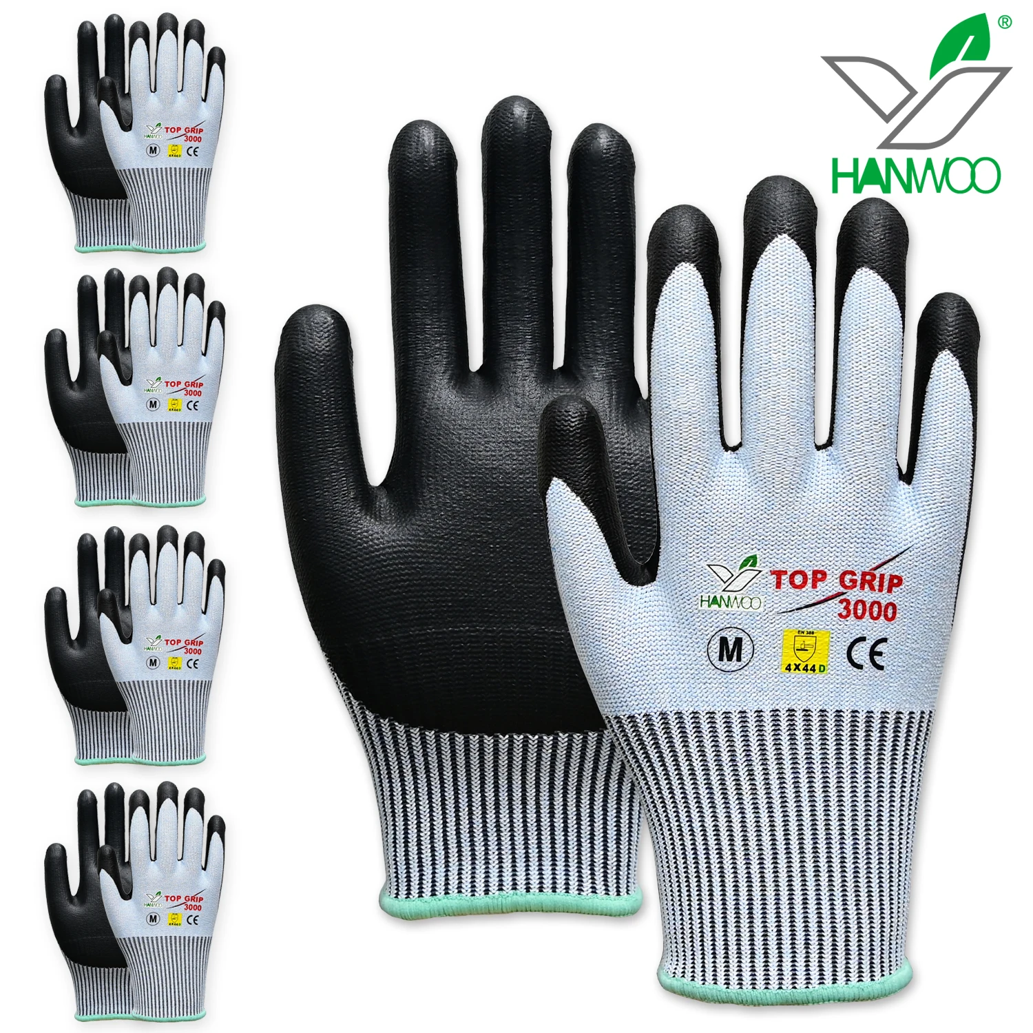 5 Pairs Hanwoo Gloves Bown Protecting Coating Gloves Top Glove with 3000 Cut-off Nocut EN388 Certiated Smart touch Safety Gloves for Work pack