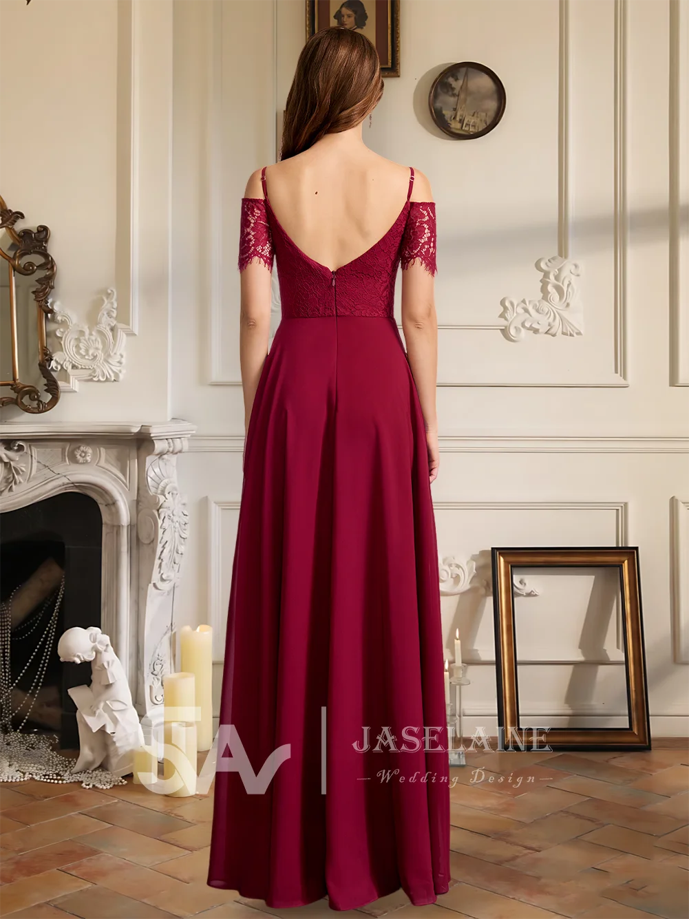 

B Bridesmaid Dresses A-Line V-Neck Floor-Length Lace Chiffon Spaghetti Straps Wedding Guest Evening Party Cocktail Dresses