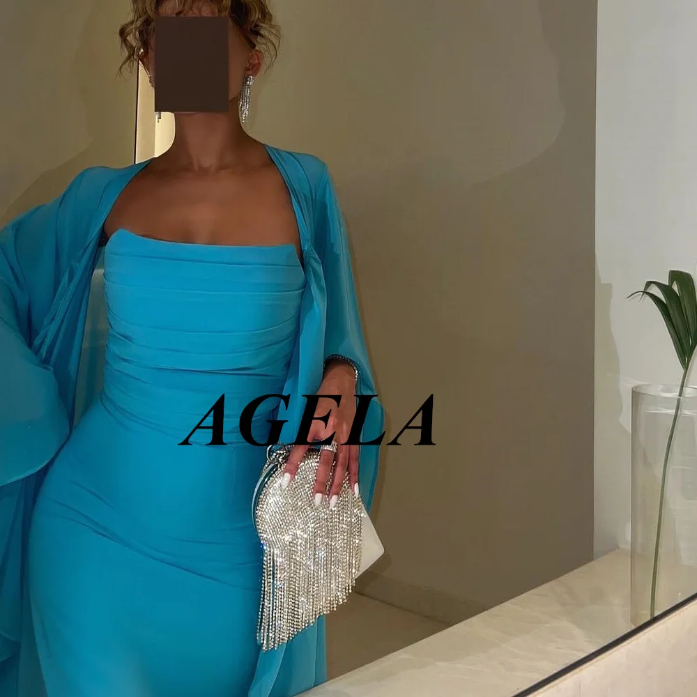 AGLEA-Vestido com pescoço quadrado estilo simples, babados elegantes azul pavão, mangas compridas, bola até o chão, vestido de baile, vestidos de festa, 2024