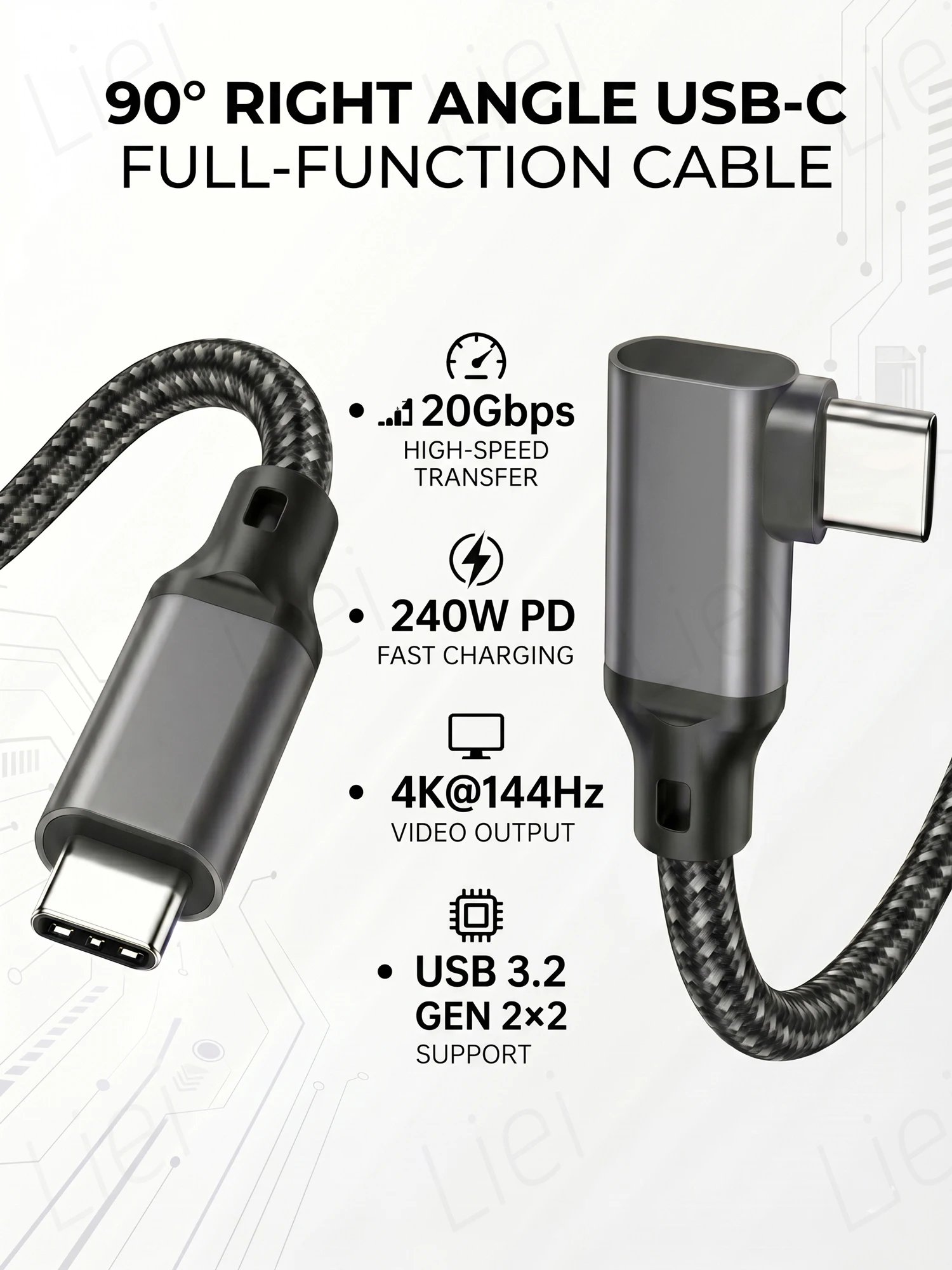 Kabel do monitora 20 Gbps 5K/4K, kabel USB typu C z kątowym złączem 90 stopni w kształcie litery L °   Transfer danych USB3.2 Gen2x2, ładowanie PD 240W — zdjęcie produktu 7