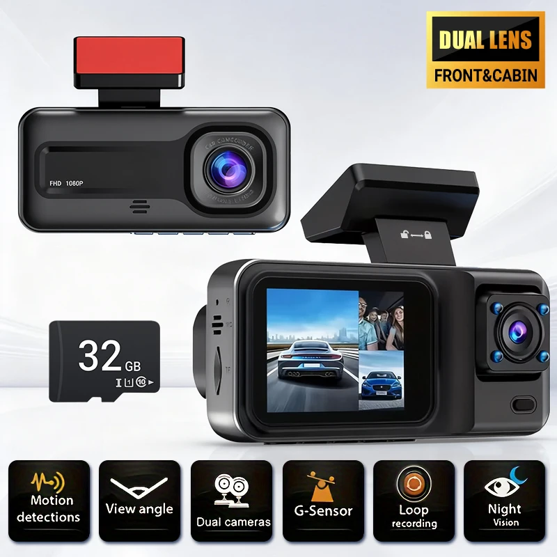 Dual-Kamera-Dashcam Vorne 1080P/720P Innenkamera, 24-Stunden-Parküberwachung, G-Sensor, Schleifenaufnahme, Nachtsicht, 170° °   Weitwinkel