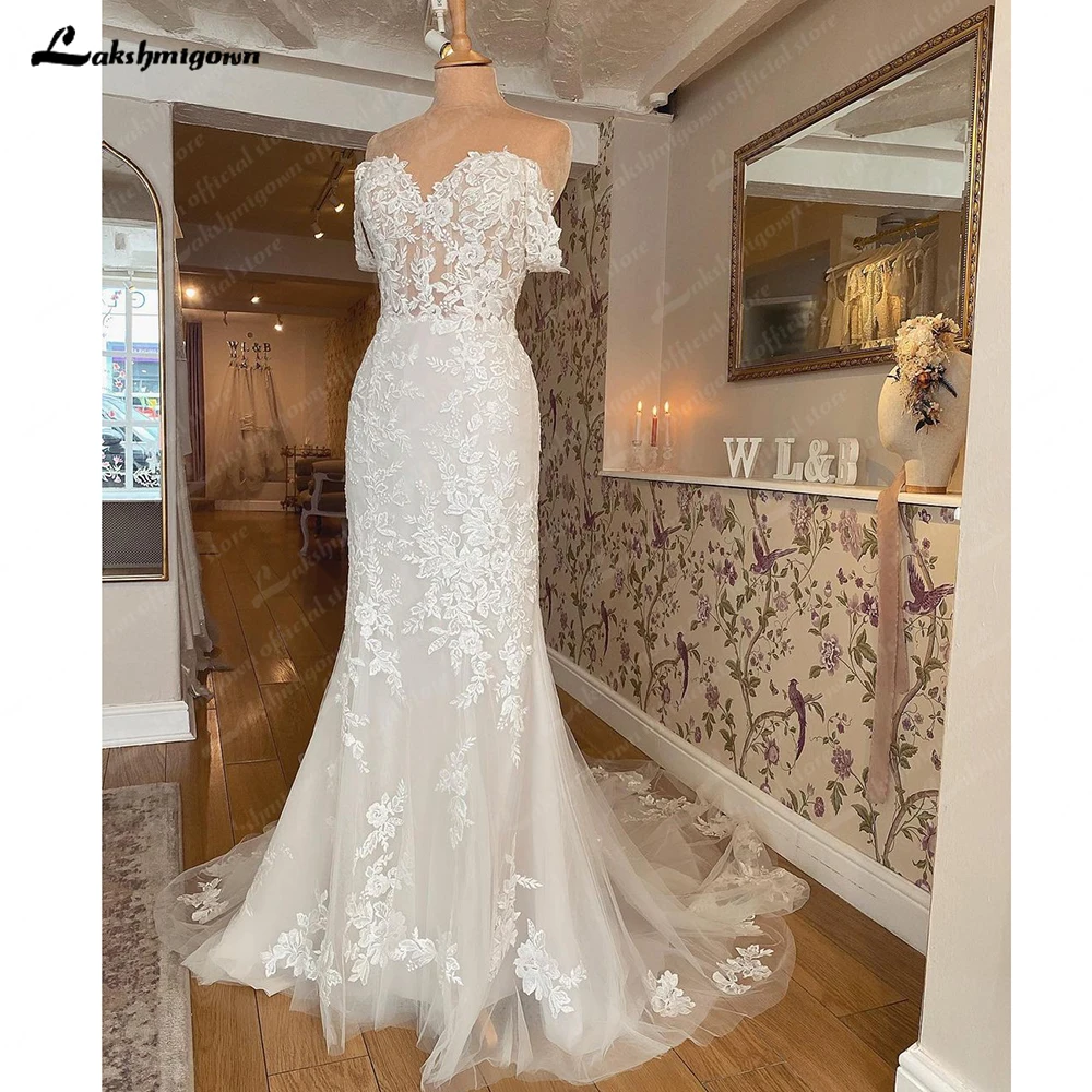 Lakshmigown-vestido de novia de sirena con hombros descubiertos, apliques de corazón, cola de corte, vestidos de boda para novia personalizados