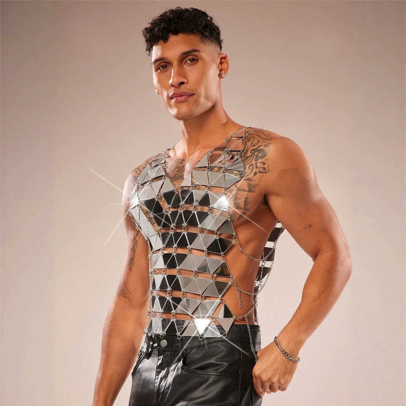 European And American Men's Acrylic Vest With Triangle Mirror Splicing And Hollow-Out Design For Wearing Outside