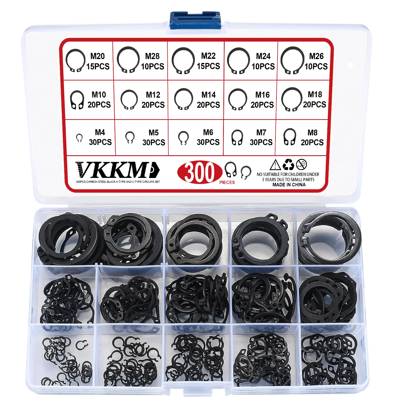 VKKM 300Pcs Retaining Ring Kit, 15 Sizes M4-M28 Carbon Steel External Snap Ring Assortment, C-Clip Circlip Set for Shafts Automotive Machinery