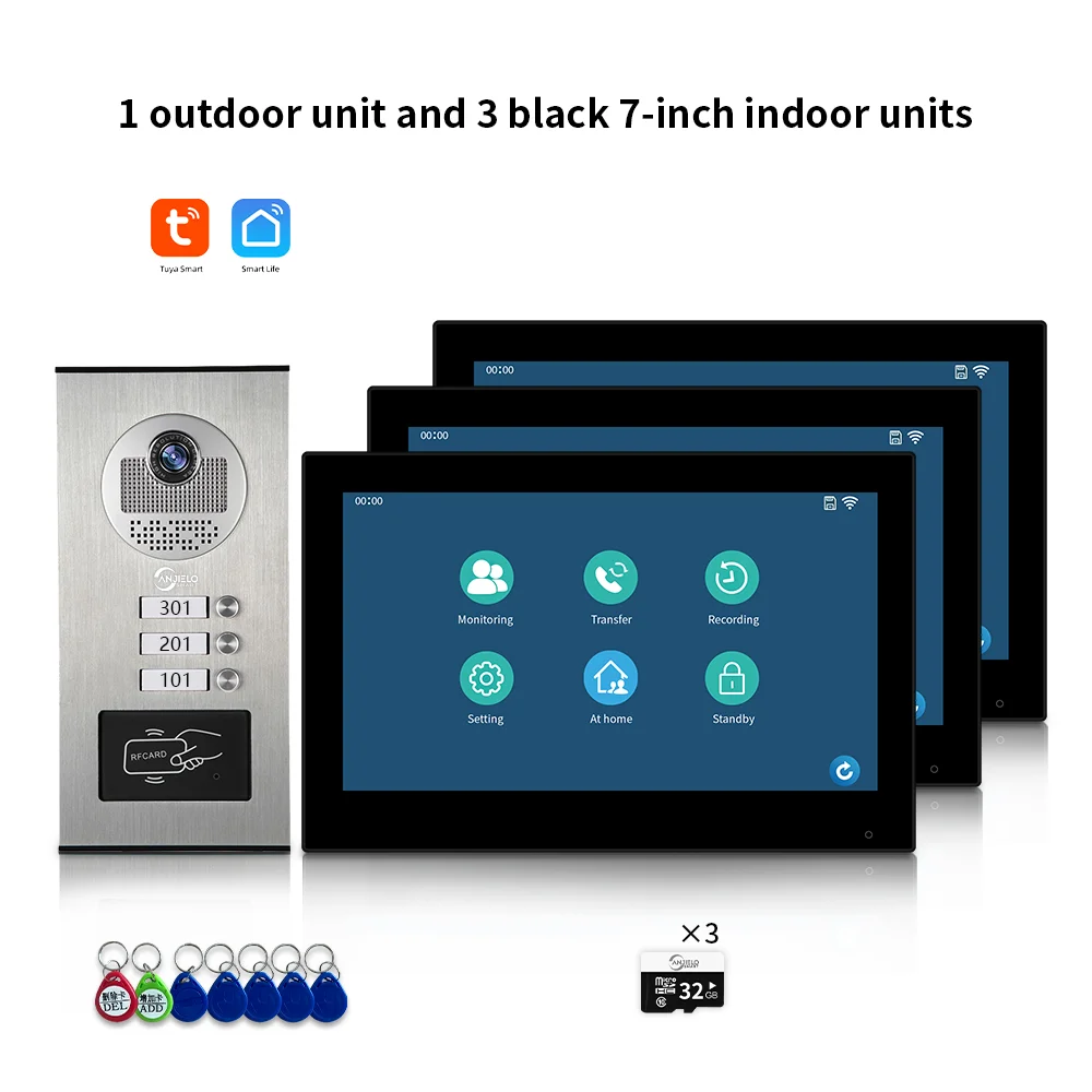 ANJIELO 7-inch 2/3/4/6/8/10/12-unit multi-unit deurbel video-intercomsysteem 1080P display Tuya slimme videodeurbel